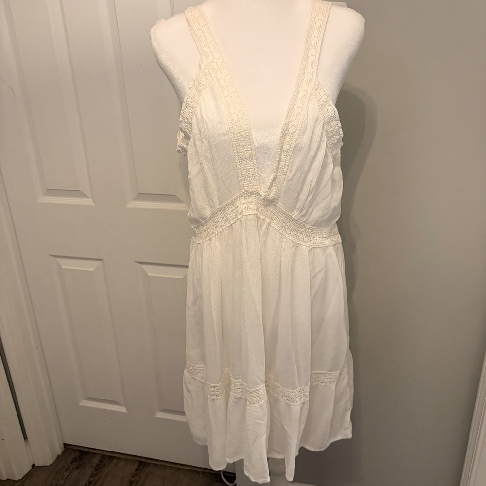 Cute Options White Boho Crochet Lace Plunging Front/Back Mini Dress‎ Large Flowy